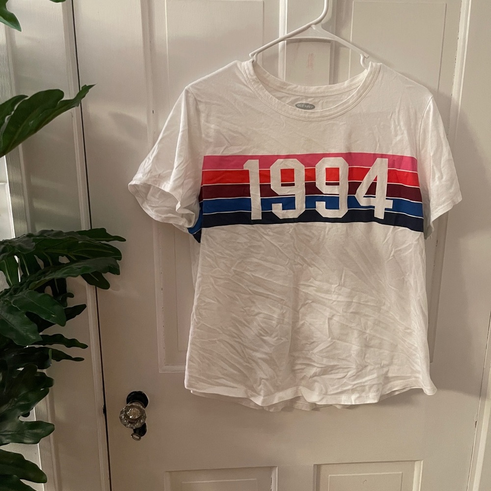 1994 Graphic woman’s T-Shirt - White with Red and Blue Stripes
